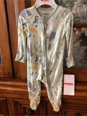 NWT Huggies Light Green Safari Print Zip-Up Footed One-Piece